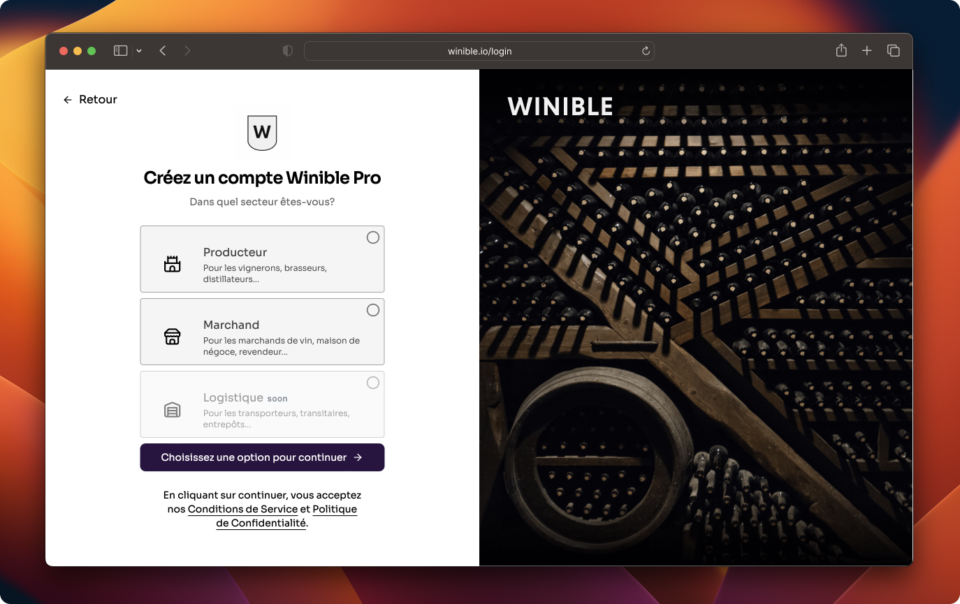 Choix du type de compte Pro à créer sur Winible: Producteur ou Marchand.