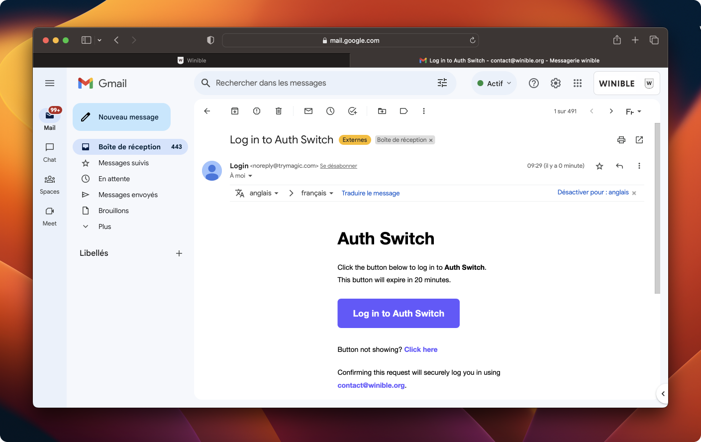 Log in to Auth Switch button in email