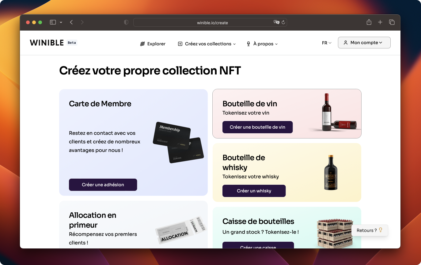 Choix du type de collection 'Bouteille de vin' sur Winible.