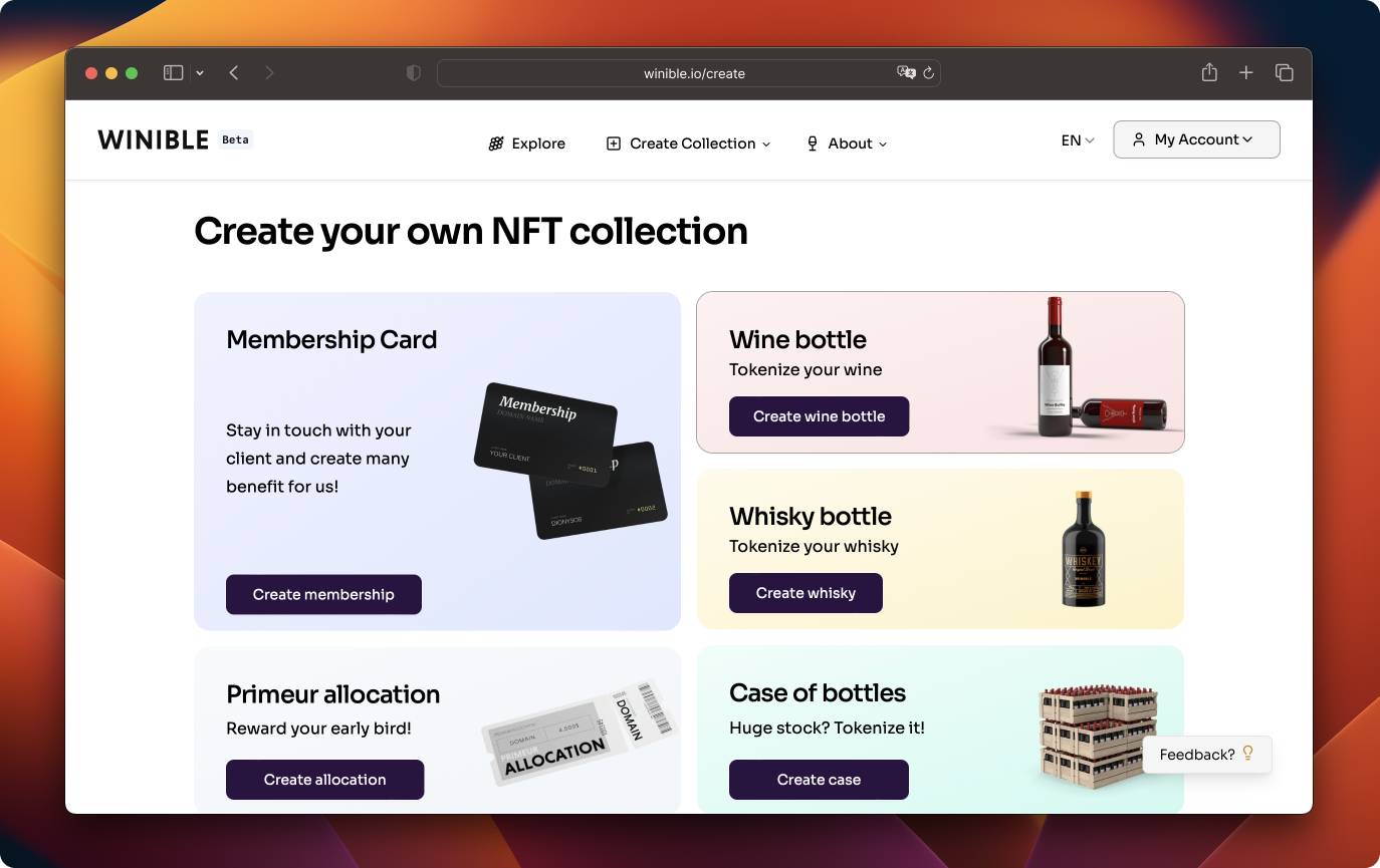 Choosing the 'Wine Bottle' collection type on Winible.