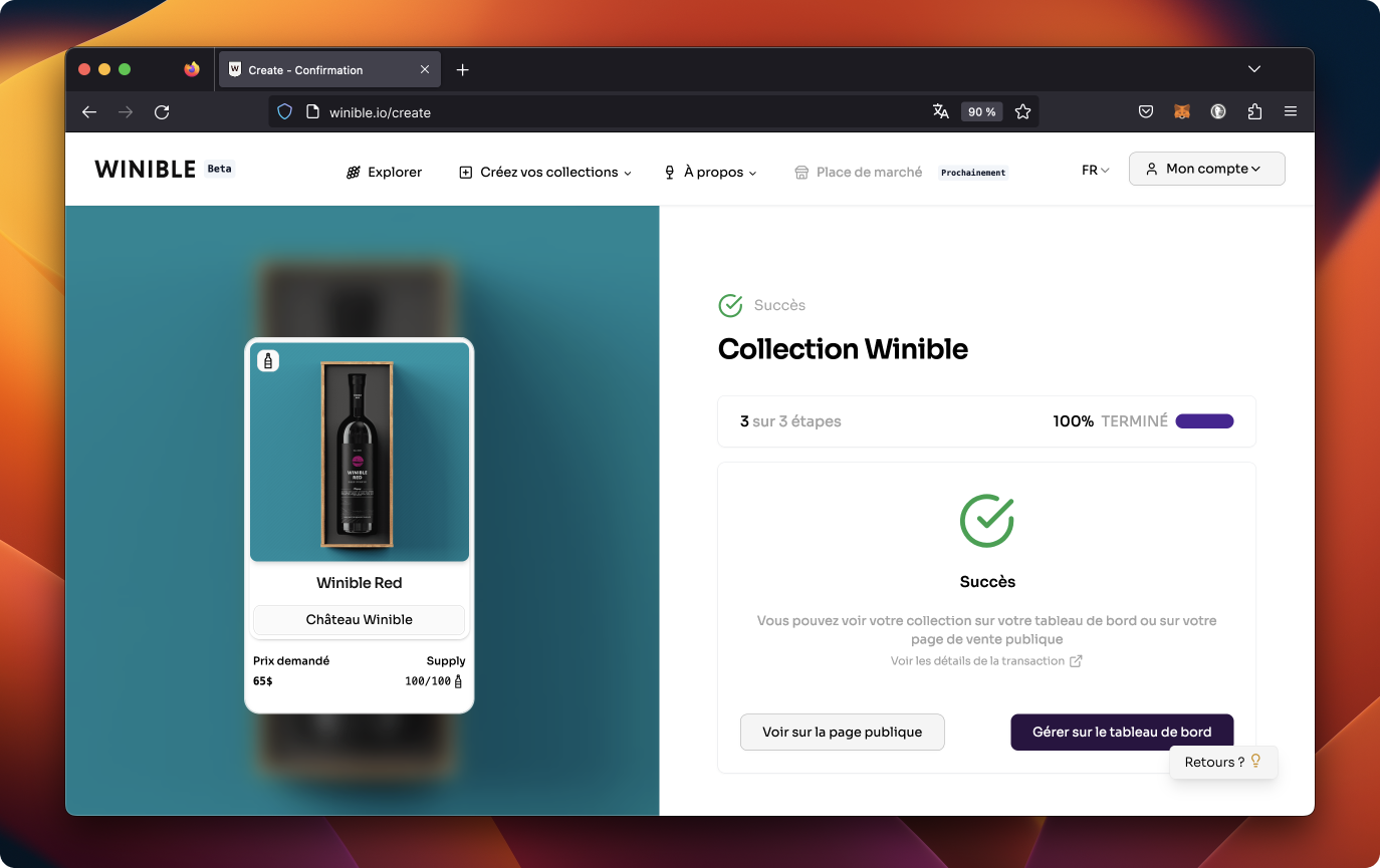 Félicitations pour la création de votre collection de NFT sur Winible.