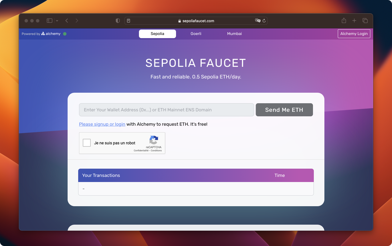 Enter your crypto address and request ETH on SepoliaFaucet.